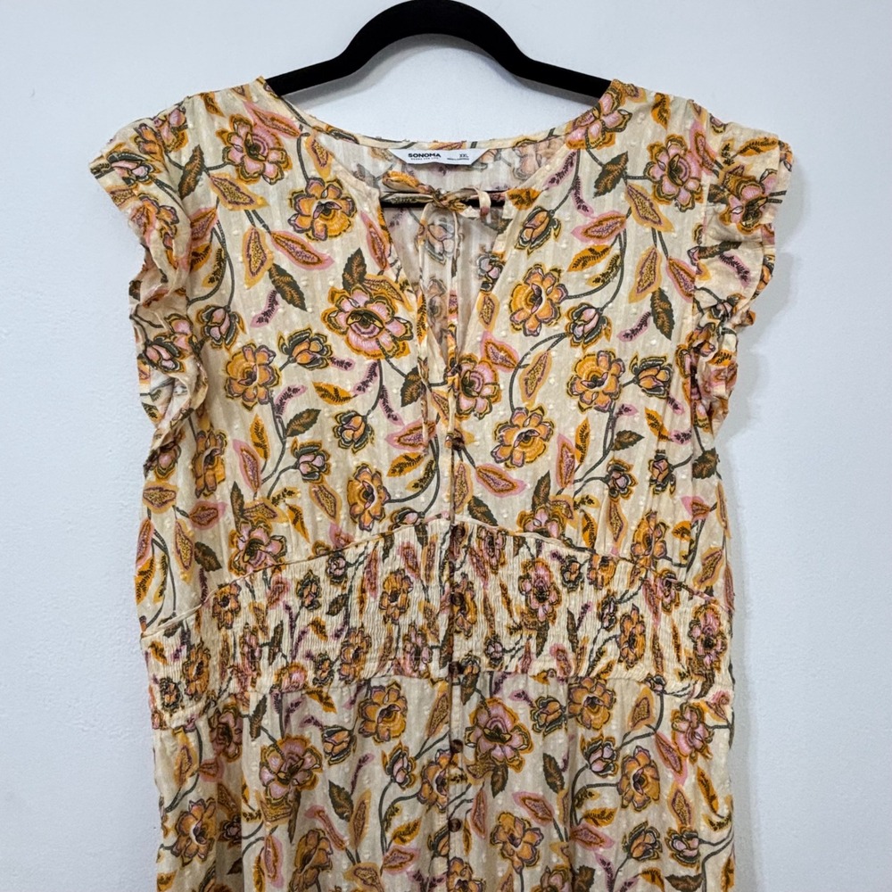 Cottagecore Floral Button-Front Tiered Midi Dress Smocked Boho Yellow Women XXL - Picture 8 of 12